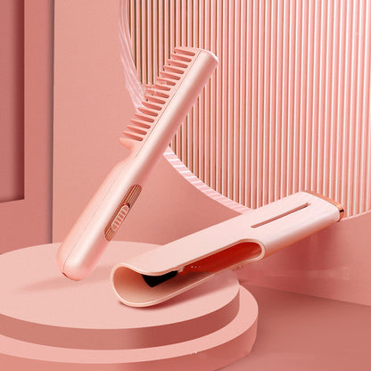 2 In 1 Wireless Straight Hair Comb Portable USB Charging Negative -Ion Smoothing Straightener Curling Comb Hair Brush